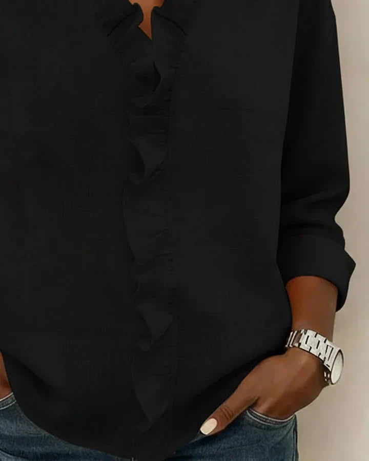Blusa de mujer de manga larga con cuello en V y volantes