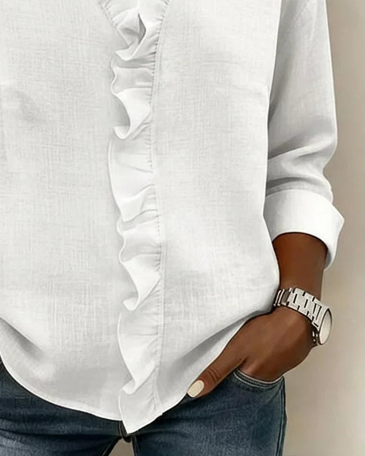 Blusa de mujer de manga larga con cuello en V y volantes