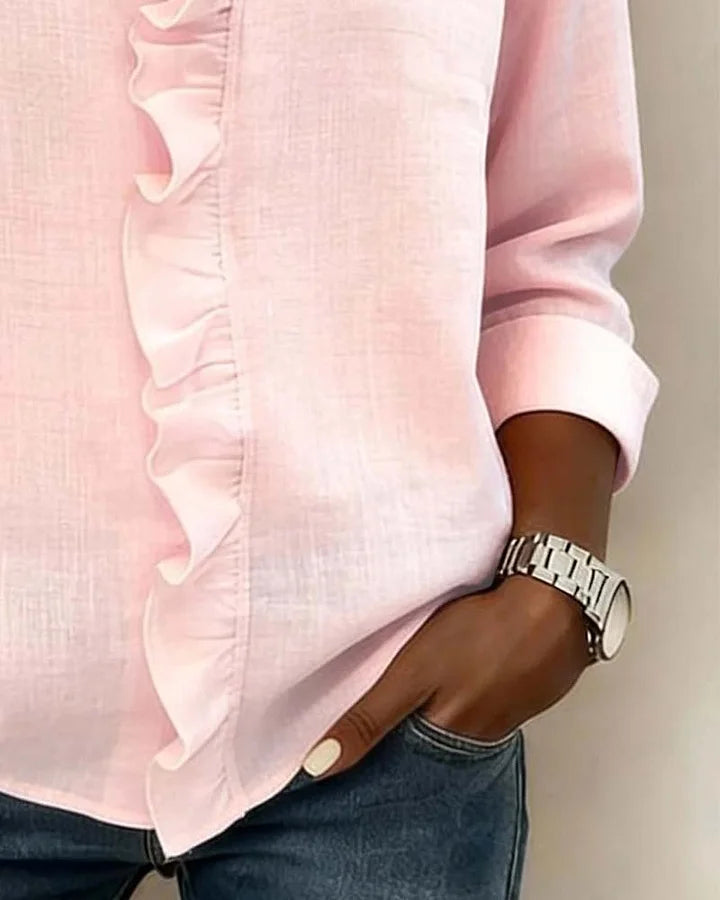 Blusa de mujer de manga larga con cuello en V y volantes