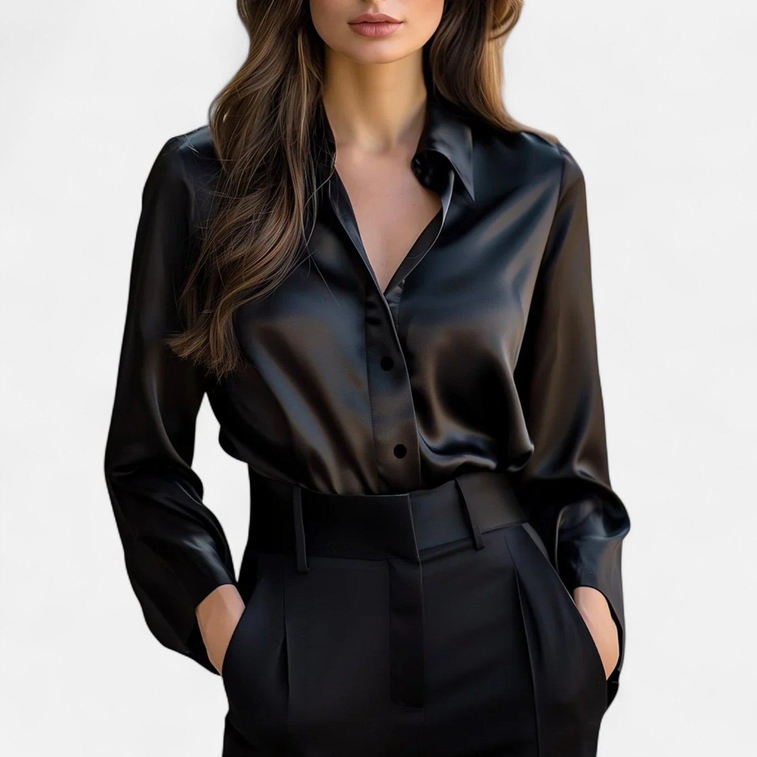 Blusa de Satén Negra para Mujer de Manga Larga