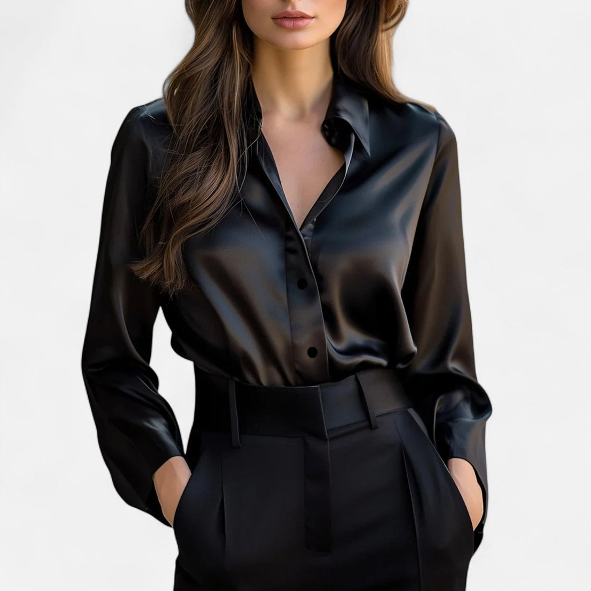 Blusa de Satén Negra para Mujer de Manga Larga