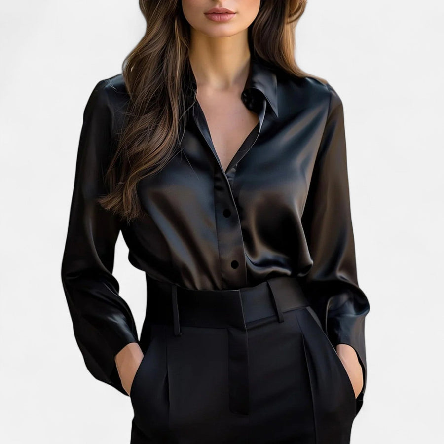 Blusa de Satén Negra para Mujer de Manga Larga