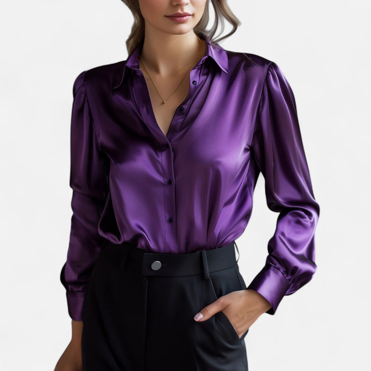 Blusa de Satén Negra para Mujer de Manga Larga