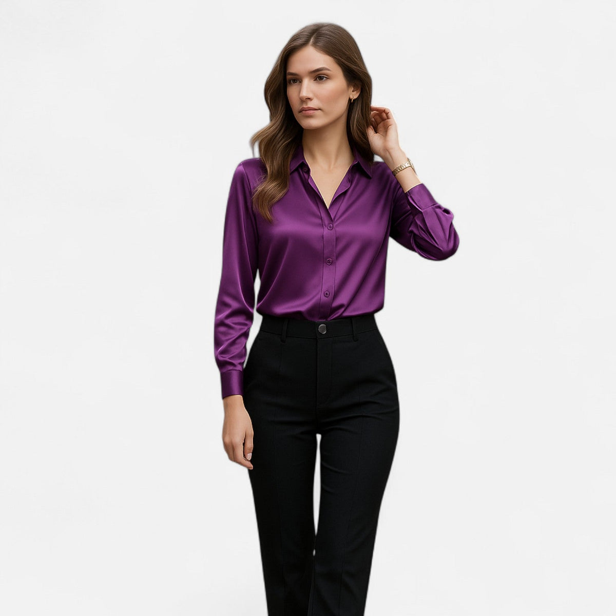 Blusa de Satén Negra para Mujer de Manga Larga