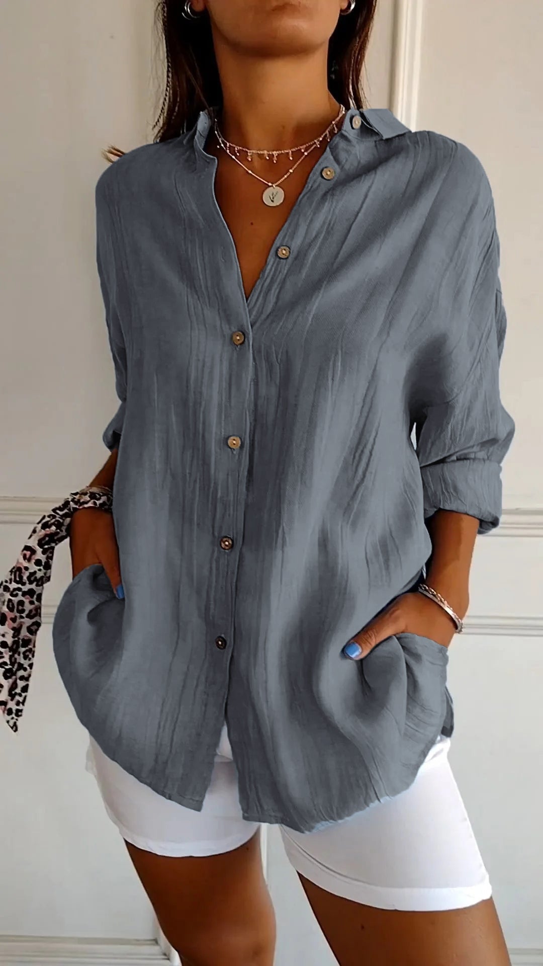 Blusa de verano para mujer de manga larga – Mezcla ligera de lino y seda con drapeado y elegancia costera escandinava