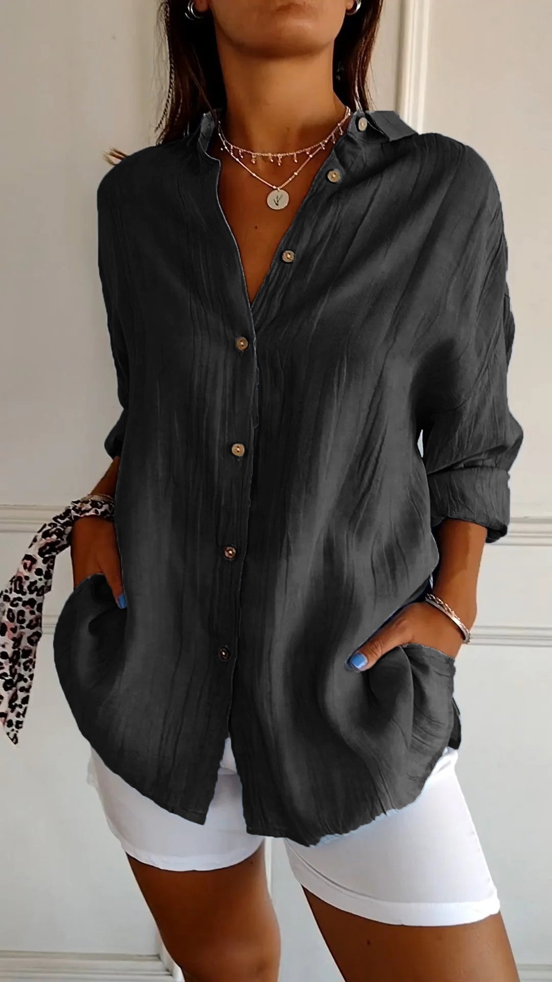 Blusa de verano para mujer de manga larga – Mezcla ligera de lino y seda con drapeado y elegancia costera escandinava