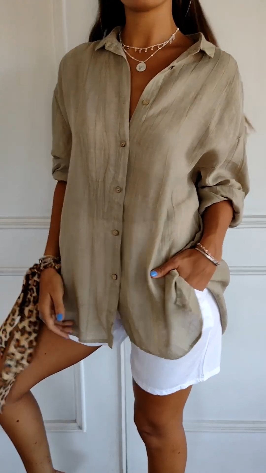 Blusa de verano para mujer de manga larga – Mezcla ligera de lino y seda con drapeado y elegancia costera escandinava