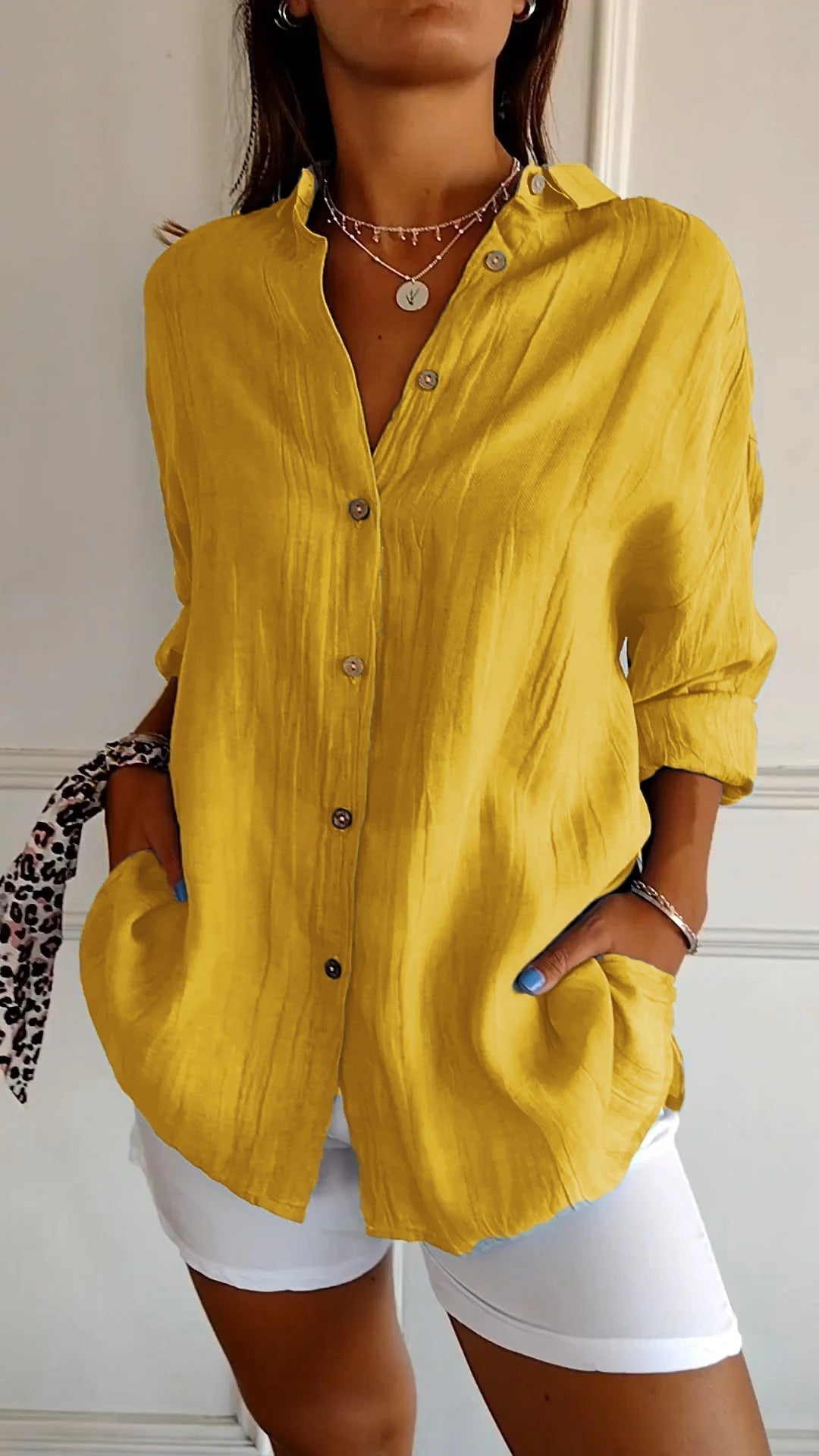 Blusa de verano para mujer de manga larga – Mezcla ligera de lino y seda con drapeado y elegancia costera escandinava