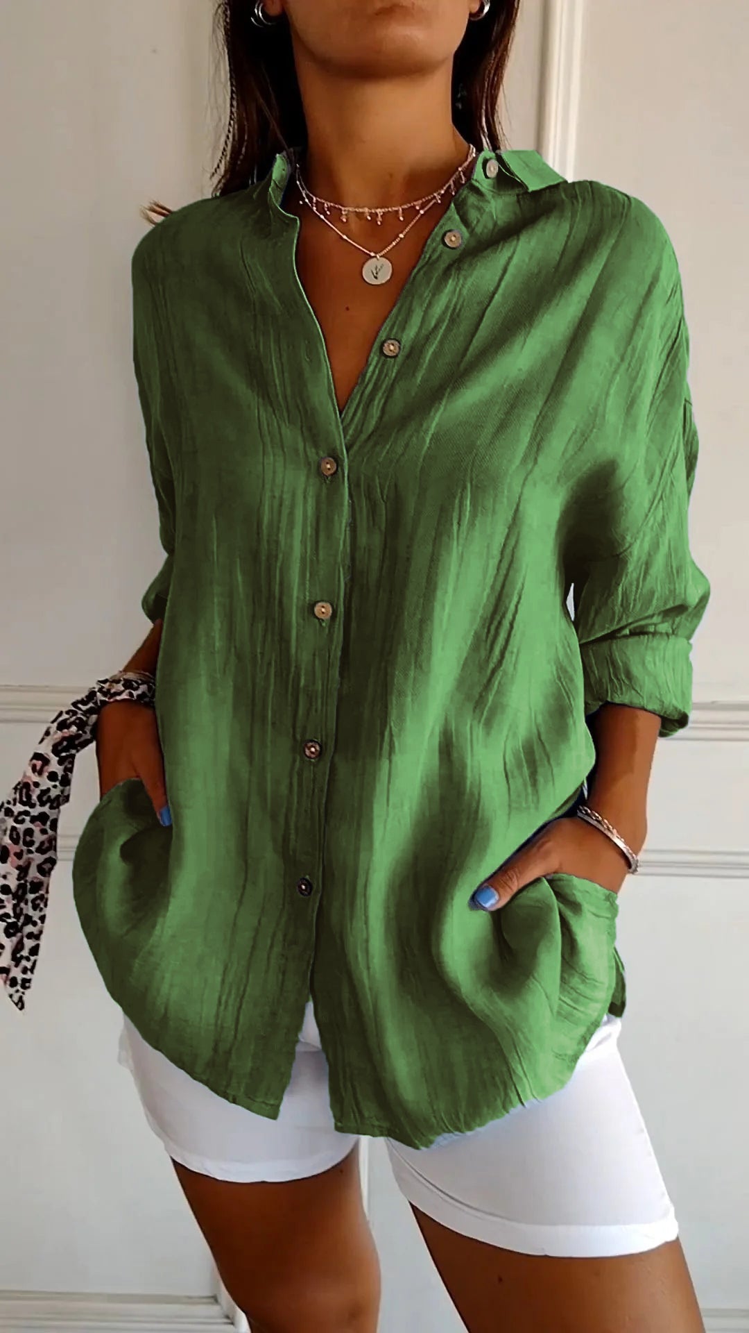 Blusa de verano para mujer de manga larga – Mezcla ligera de lino y seda con drapeado y elegancia costera escandinava
