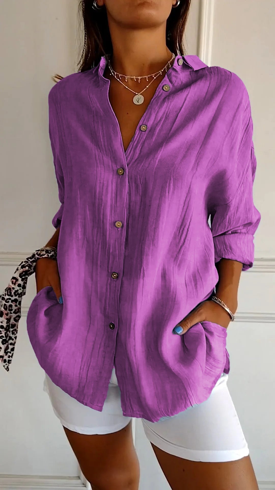 Blusa de verano para mujer de manga larga – Mezcla ligera de lino y seda con drapeado y elegancia costera escandinava