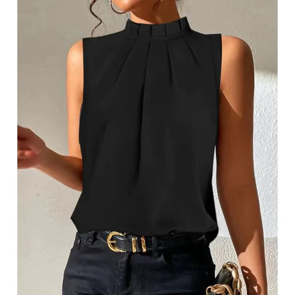 Blusa elegante con pliegues y cuello alto para mujer