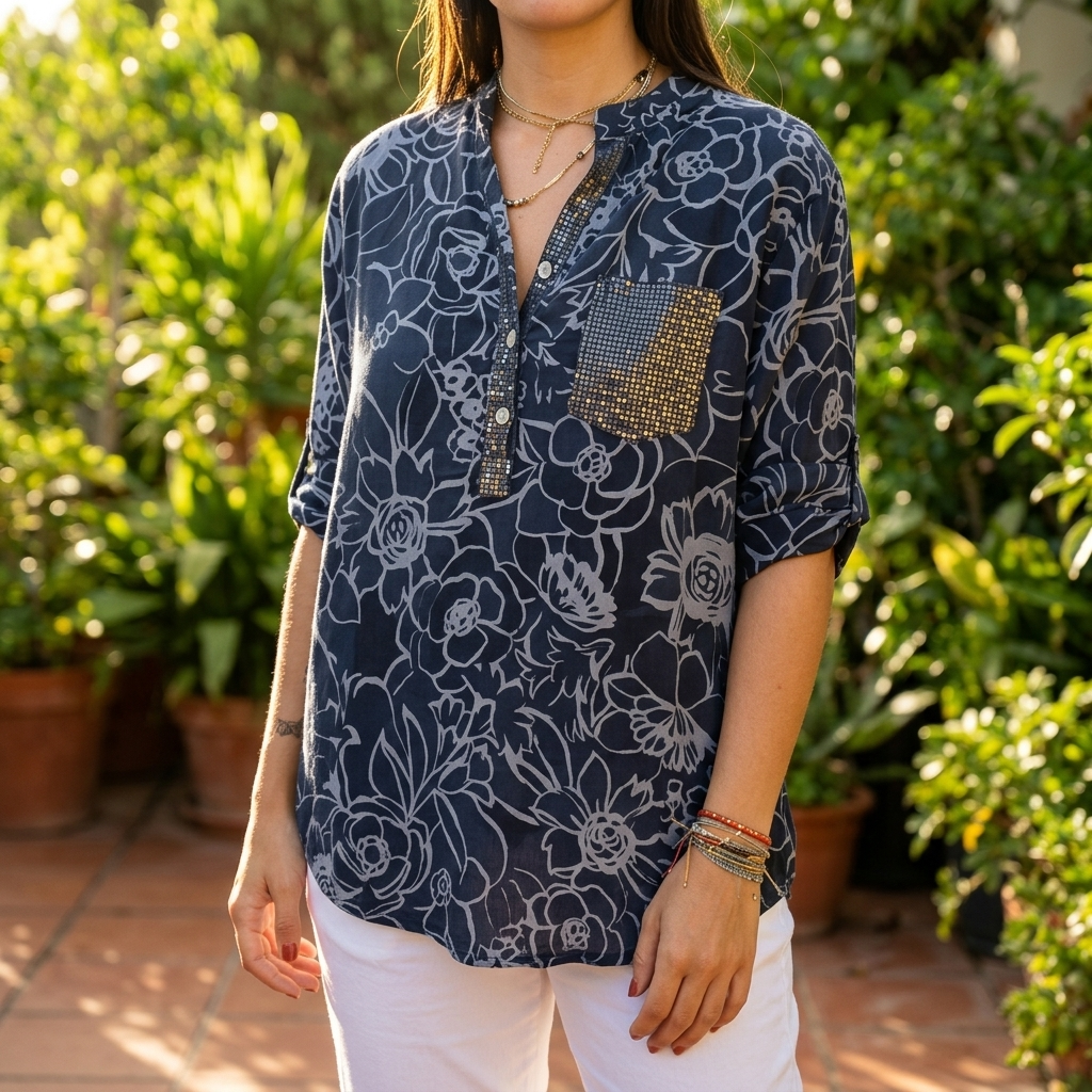 Blusa floral con bolsillo de lentejuelas