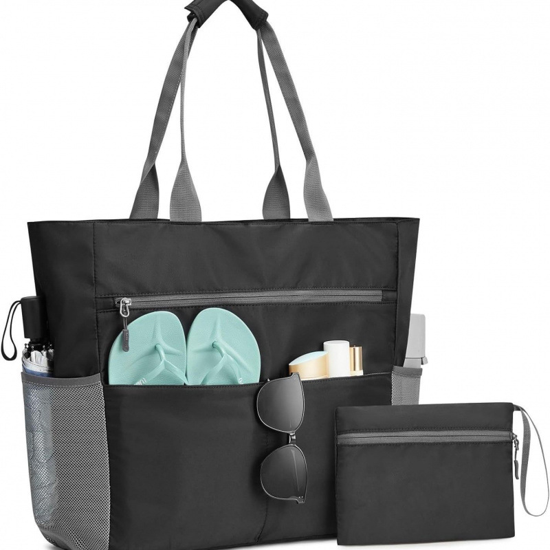 Bolsa de playa grande e impermeable con cremallera: bolso espacioso y plegable para escapadas de verano con 13 compartimentos