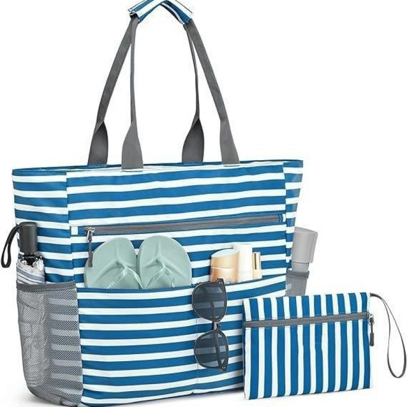 Bolsa de playa grande e impermeable con cremallera: bolso espacioso y plegable para escapadas de verano con 13 compartimentos