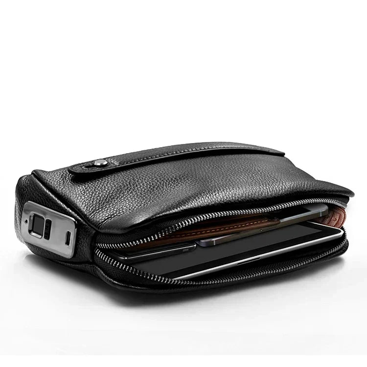 Bolso de mano antirrobo de piel para hombre con candado de huella dactilar – Azul oscuro