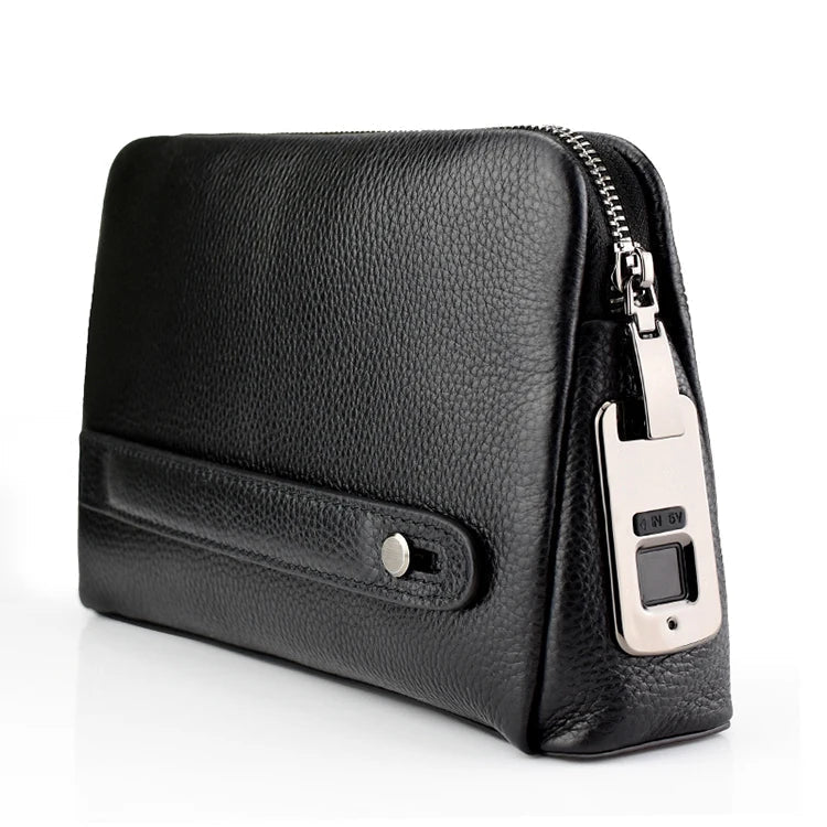 Bolso de mano antirrobo de piel para hombre con candado de huella dactilar – Azul oscuro
