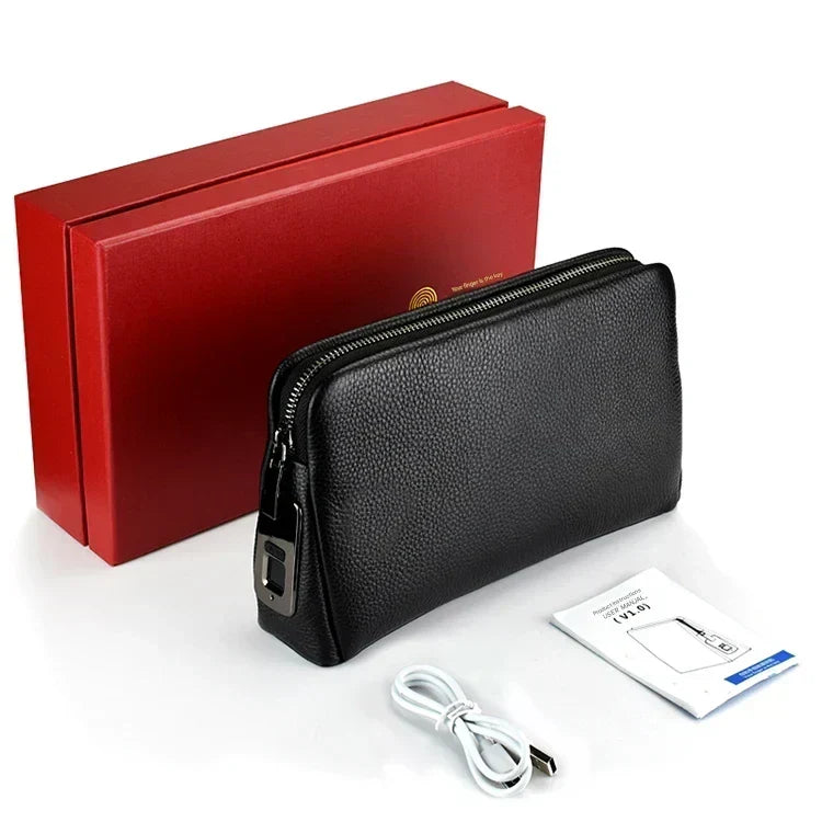 Bolso de mano antirrobo de piel para hombre con candado de huella dactilar – Azul oscuro