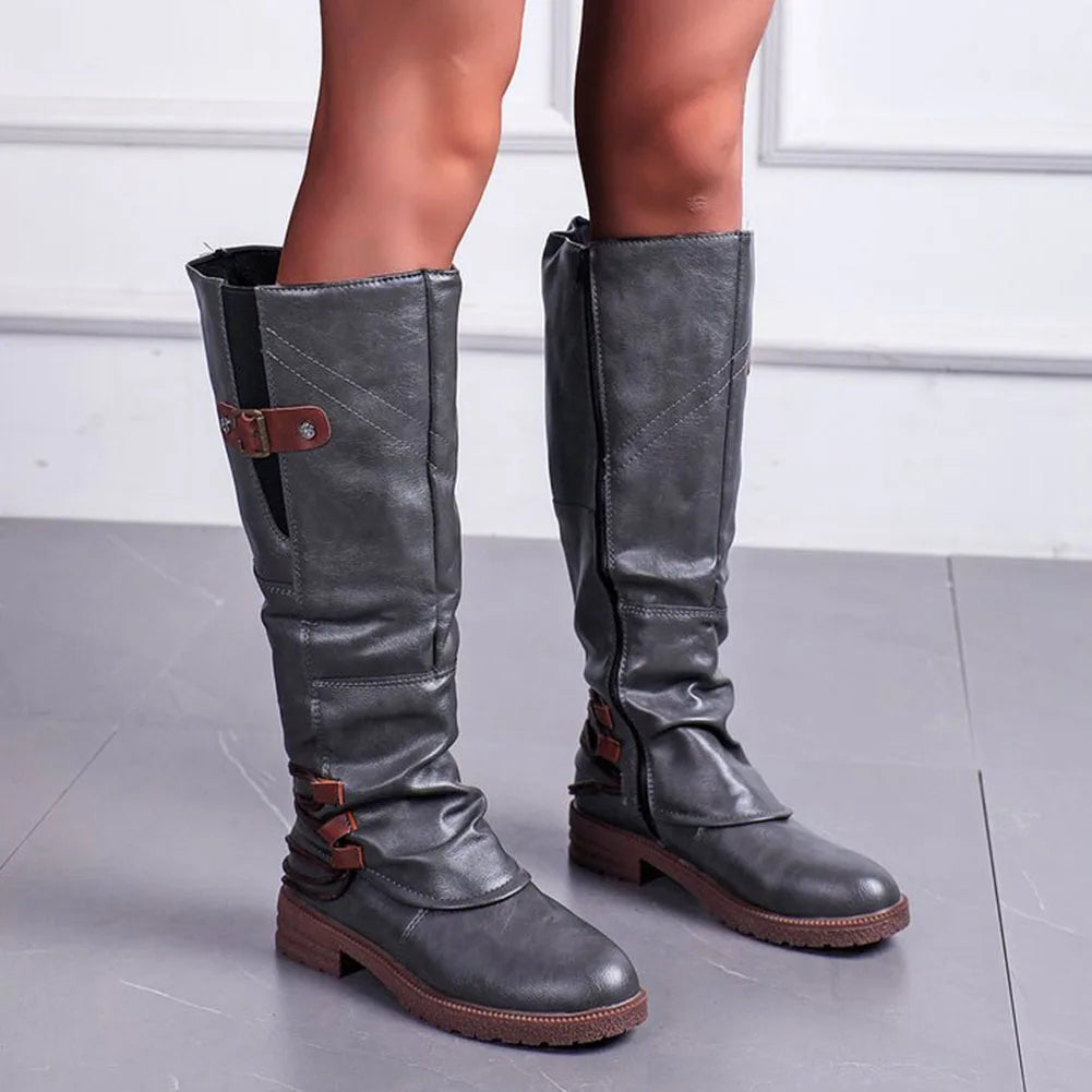 Botas altas de cuero vintage con cremallera – Modernas y cómodas