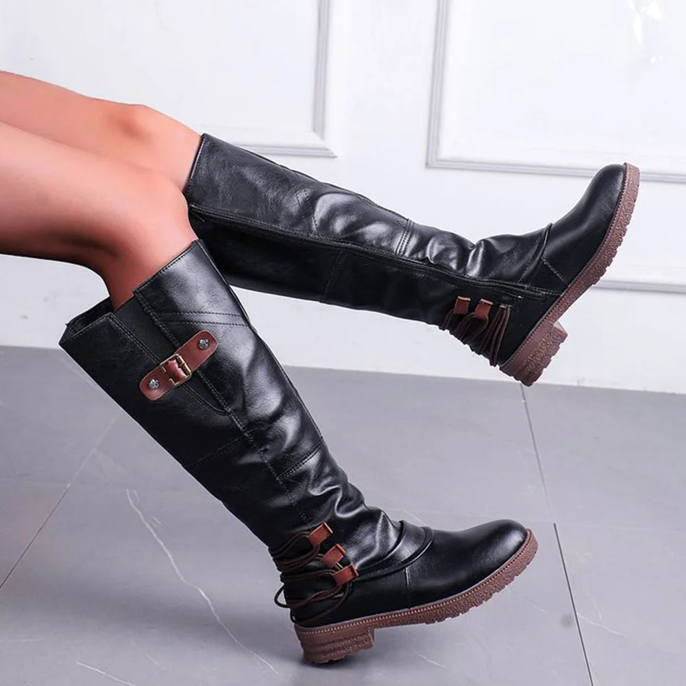 Botas altas de cuero vintage con cremallera – Modernas y cómodas