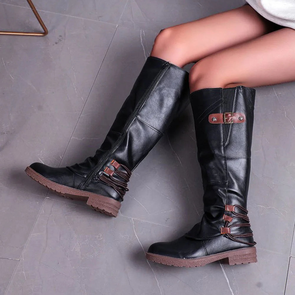 Botas altas de cuero vintage con cremallera – Modernas y cómodas