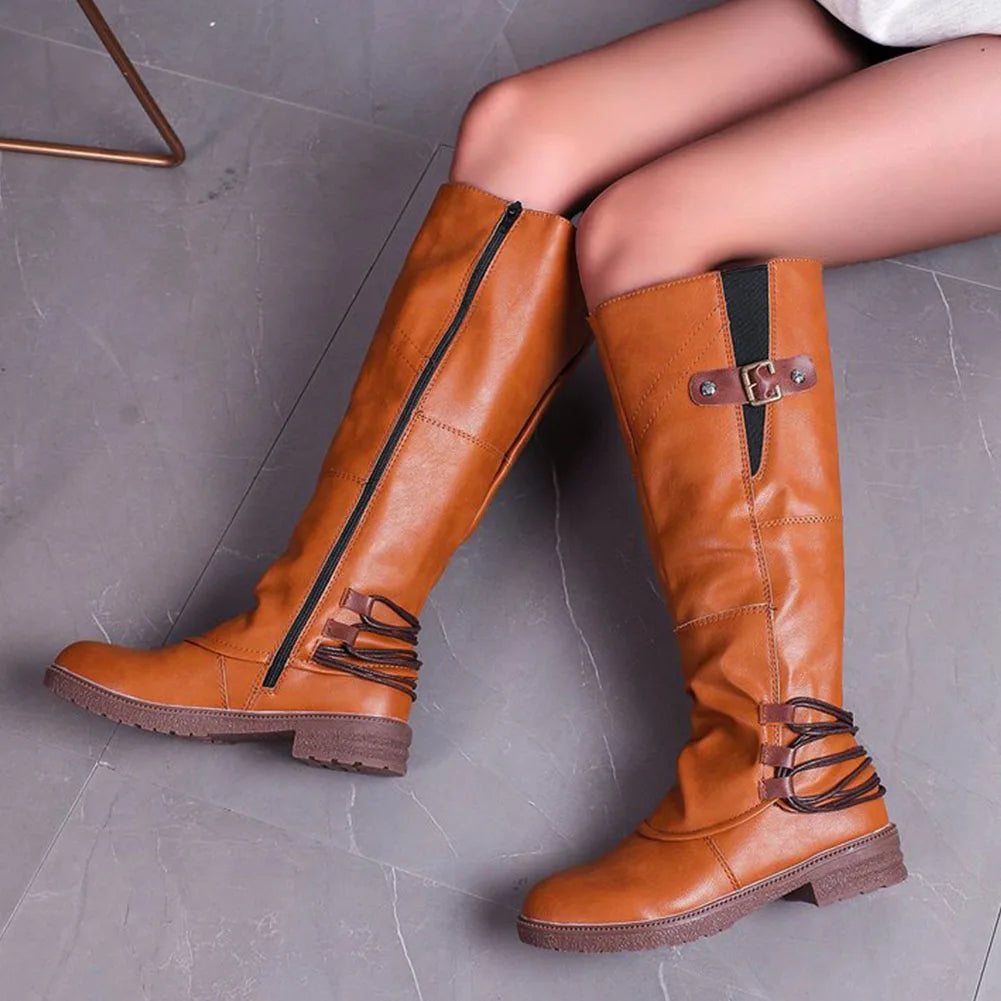 Botas altas de cuero vintage con cremallera – Modernas y cómodas