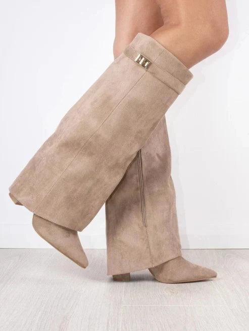 Botas altas de lujo con solapa y tacón de bloque