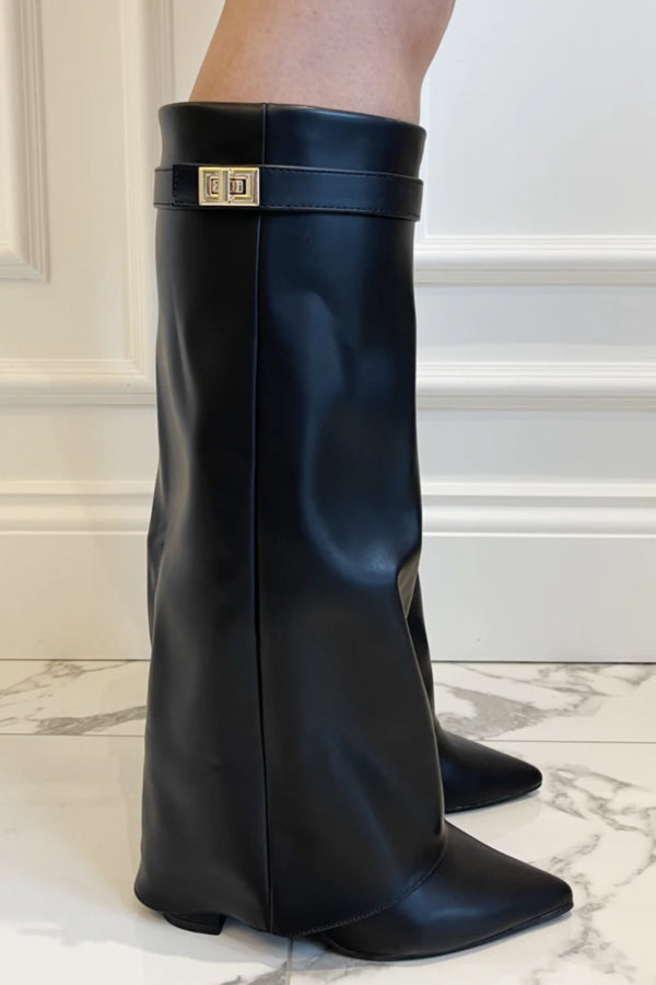 Botas altas de lujo con solapa y tacón de bloque