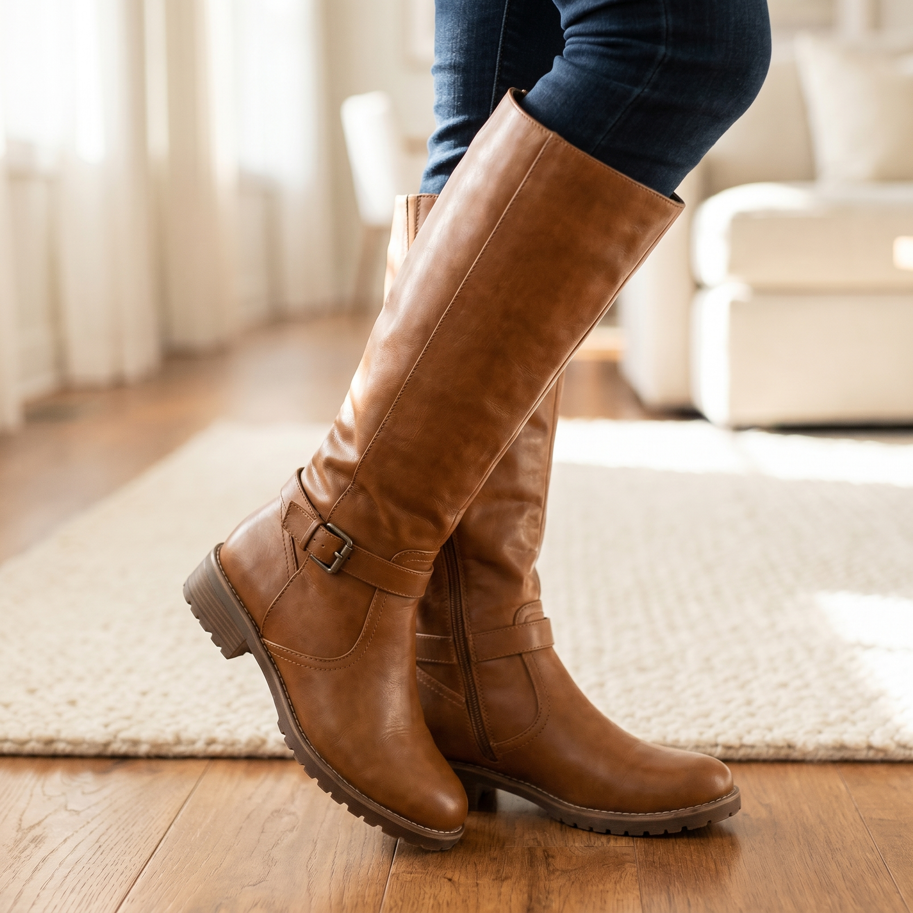Botas altas hasta la rodilla para mujer en cuero sintético | Calzado de invierno cálido y con soporte