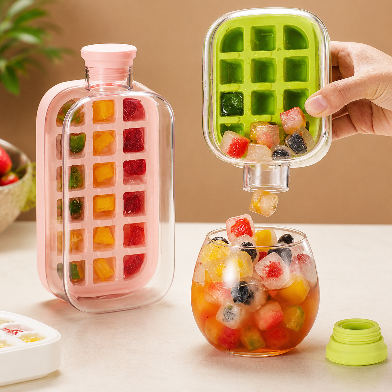 Botella para cubitos de hielo 2 en 1 — Rellenar, congelar y presionar