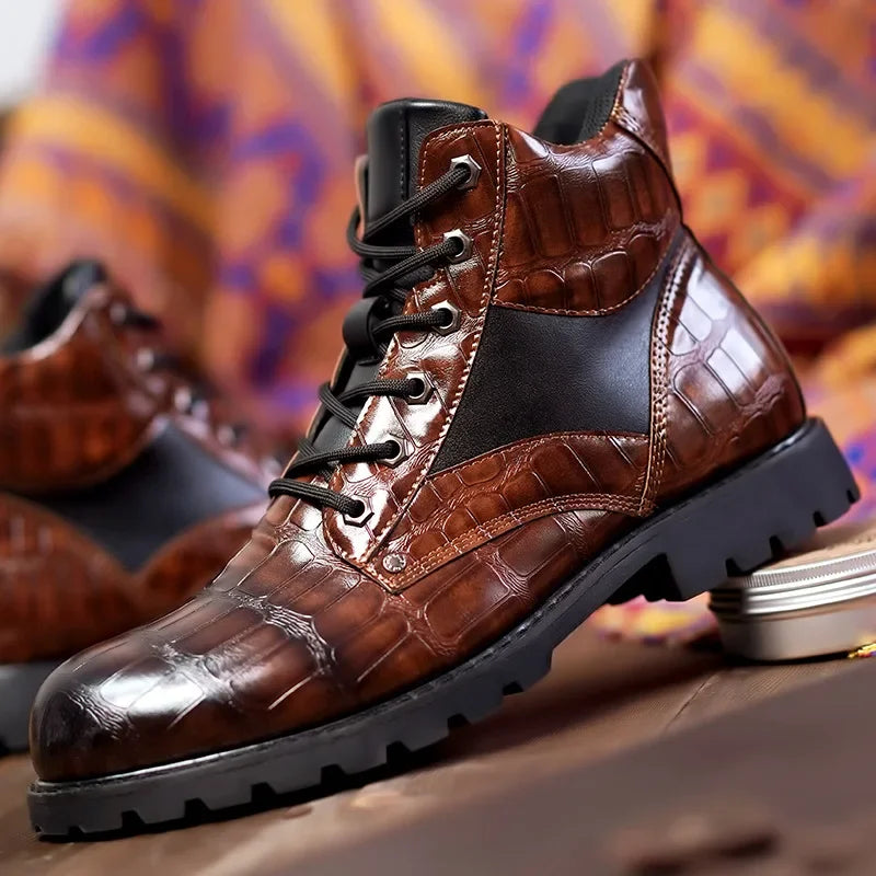 Botines para hombre con cordones y grabado con efecto piel de caimán