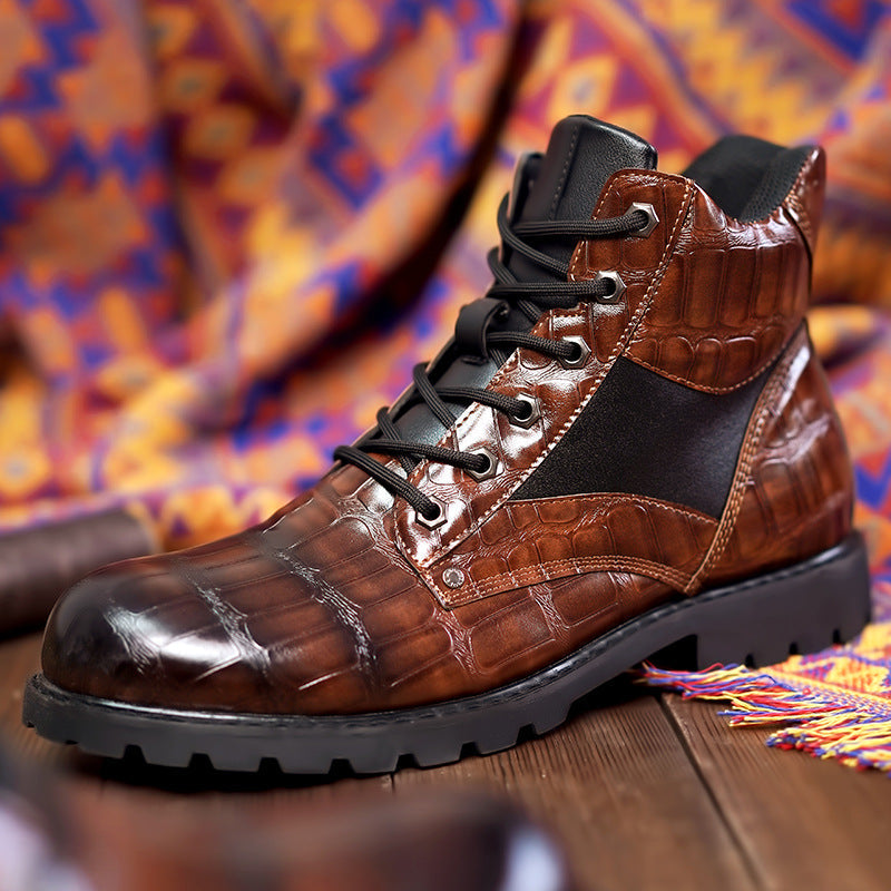 Botines para hombre con cordones y grabado con efecto piel de caimán