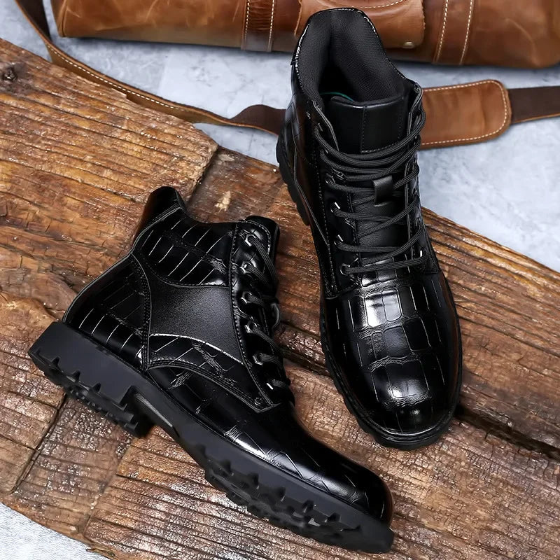 Botines para hombre con cordones y grabado con efecto piel de caimán