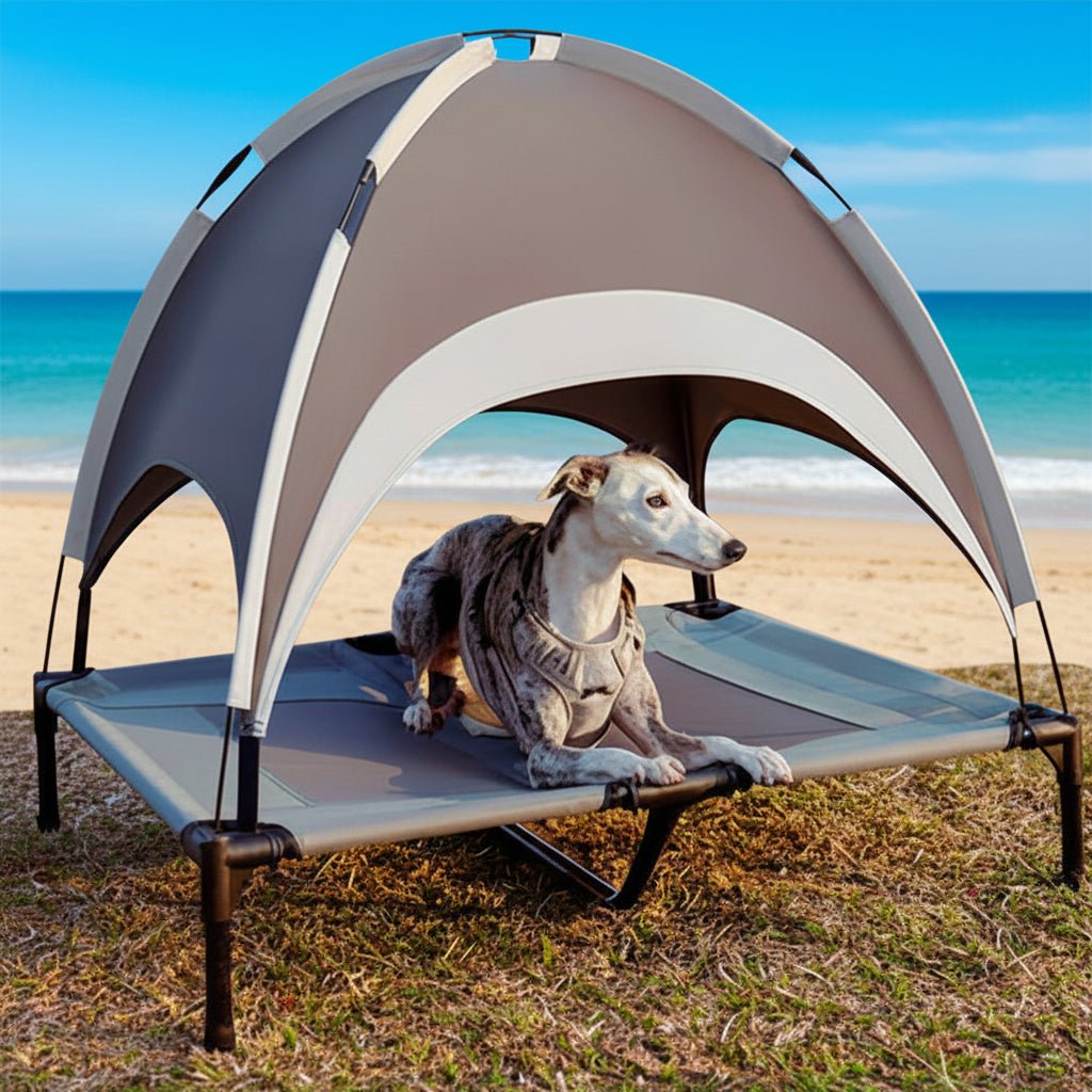 Cama elevada para perros con alfombrilla refrescante y protección UV para uso en exteriores