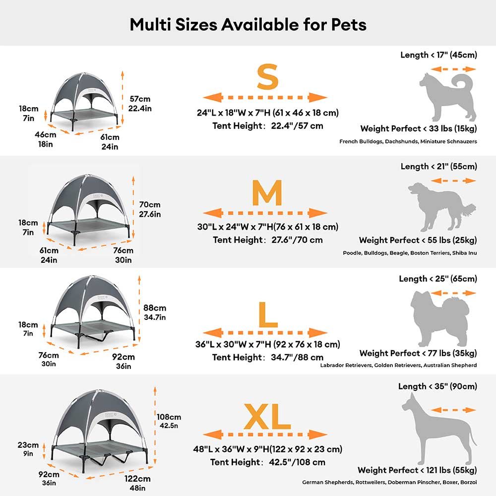 Cama elevada para perros con alfombrilla refrescante y protección UV para uso en exteriores