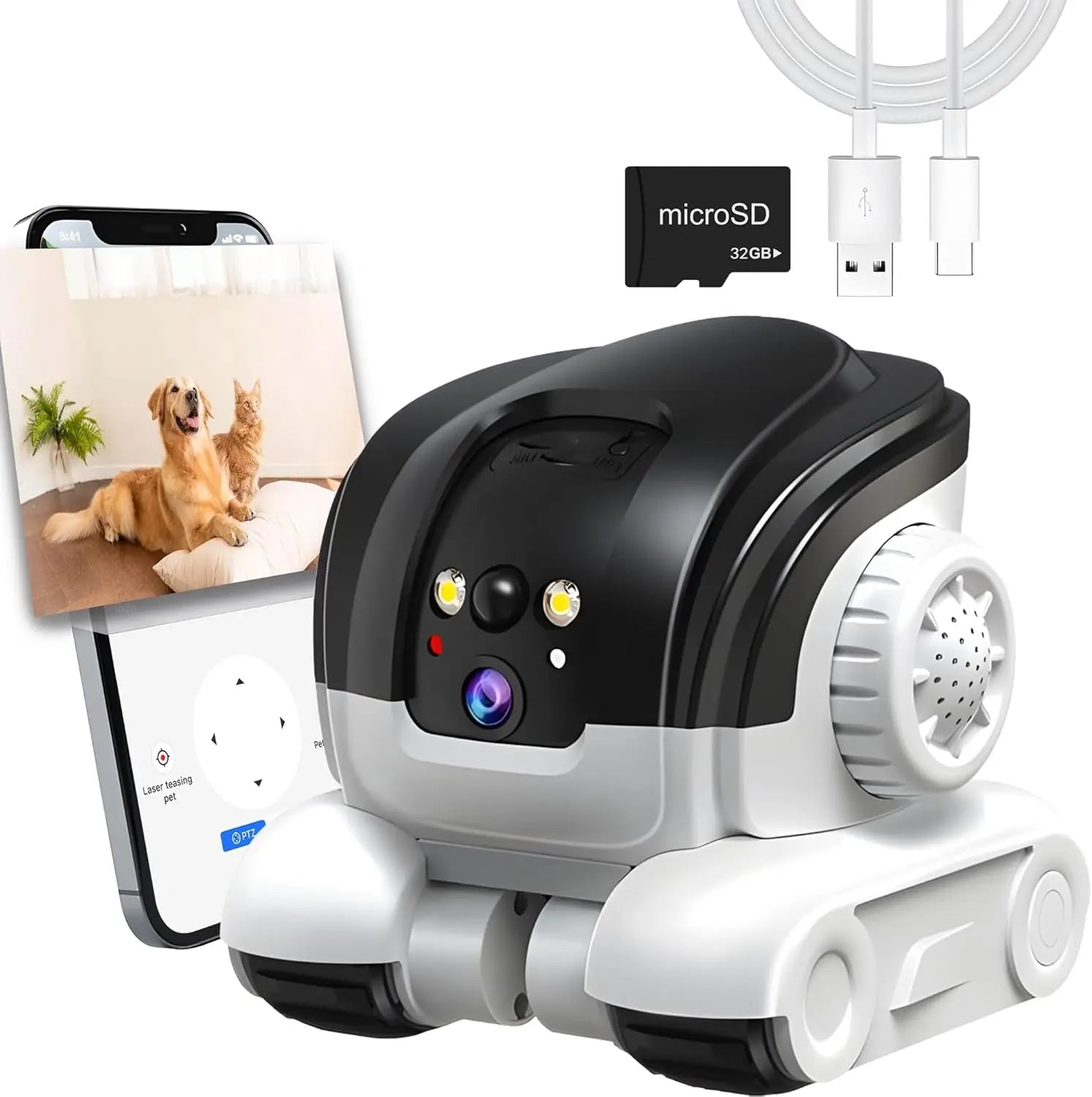 Cámara para mascotas 1080P – Audio bidireccional – Visión nocturna en color de hasta 10 m – Alerta de movimiento – Tarjeta SD de 32 GB
