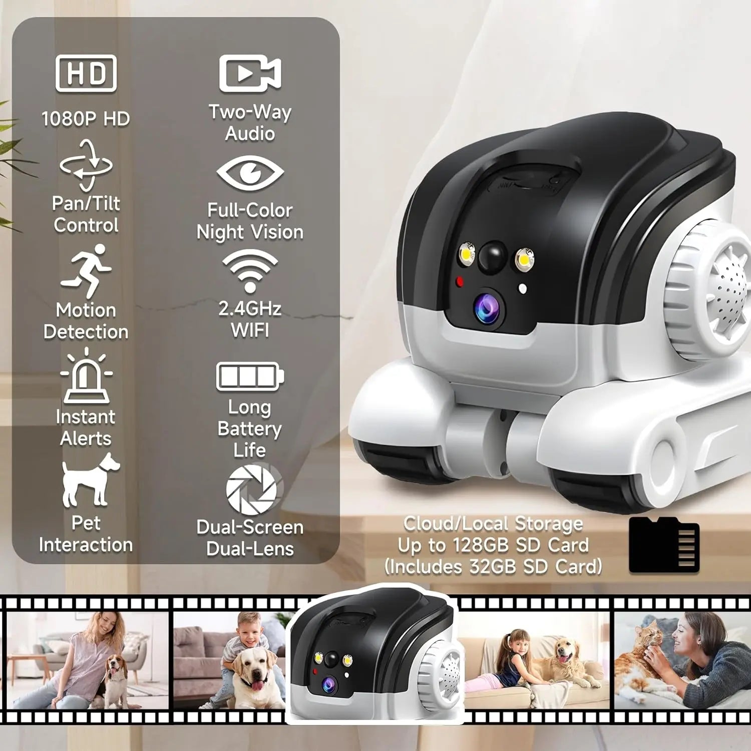 Cámara para mascotas 1080P – Audio bidireccional – Visión nocturna en color de hasta 10 m – Alerta de movimiento – Tarjeta SD de 32 GB