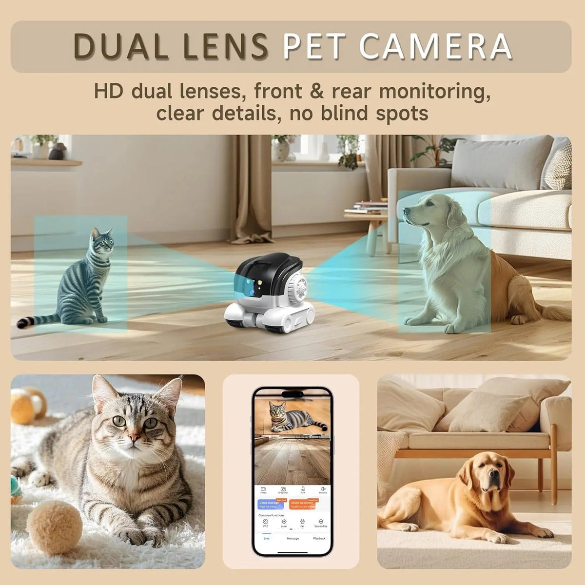 Cámara para mascotas 1080P – Audio bidireccional – Visión nocturna en color de hasta 10 m – Alerta de movimiento – Tarjeta SD de 32 GB