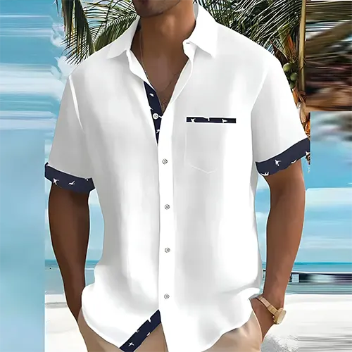 Camisa de cuello cubano de verano transpirable con detalles en contraste