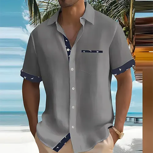 Camisa de cuello cubano de verano transpirable con detalles en contraste