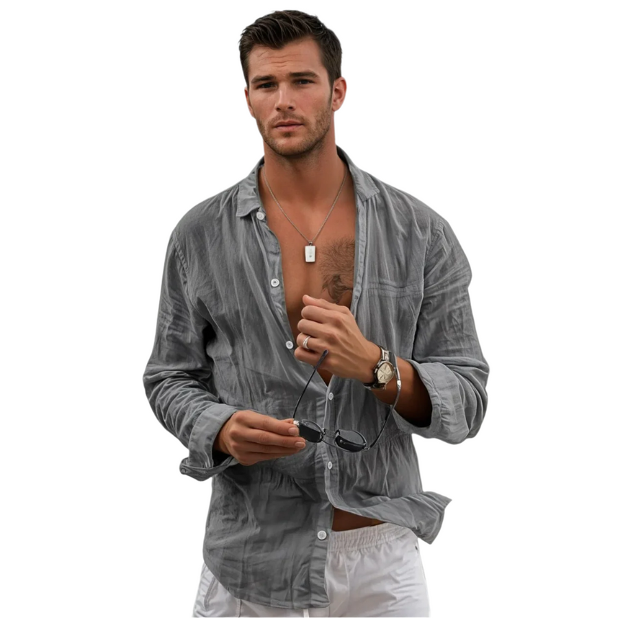 Camisa de hombre de manga larga en algodón y lino con corte clásico