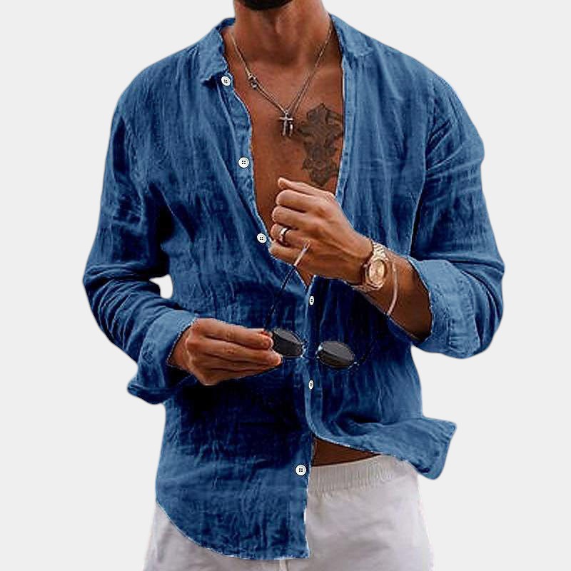 Camisa de hombre de manga larga en algodón y lino con corte clásico