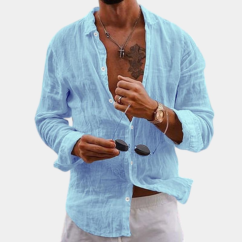 Camisa de hombre de manga larga en algodón y lino con corte clásico