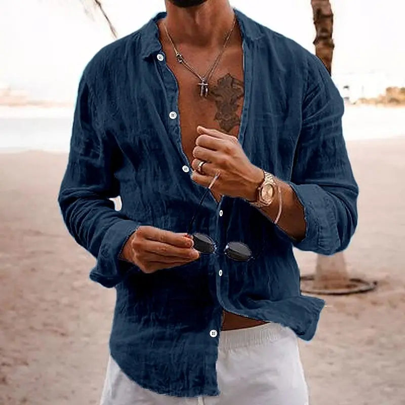 Camisa de hombre de manga larga en algodón y lino con corte clásico