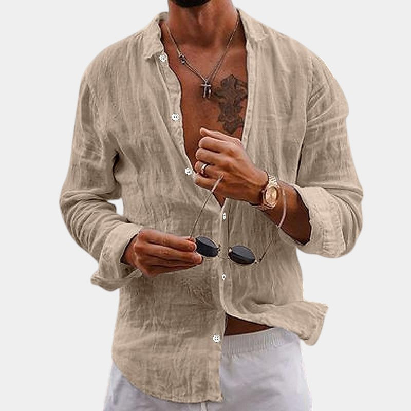 Camisa de hombre de manga larga en algodón y lino con corte clásico