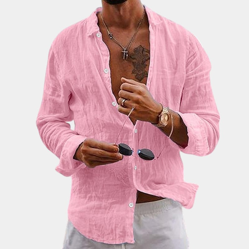 Camisa de hombre de manga larga en algodón y lino con corte clásico