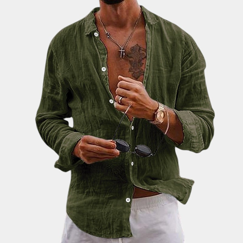 Camisa de hombre de manga larga en algodón y lino con corte clásico
