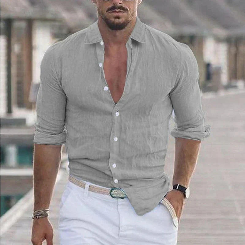 Camisa de lino para hombre con cuello camisero