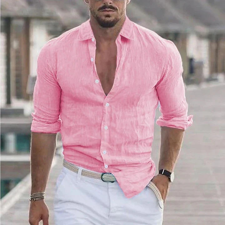 Camisa de lino para hombre con cuello camisero