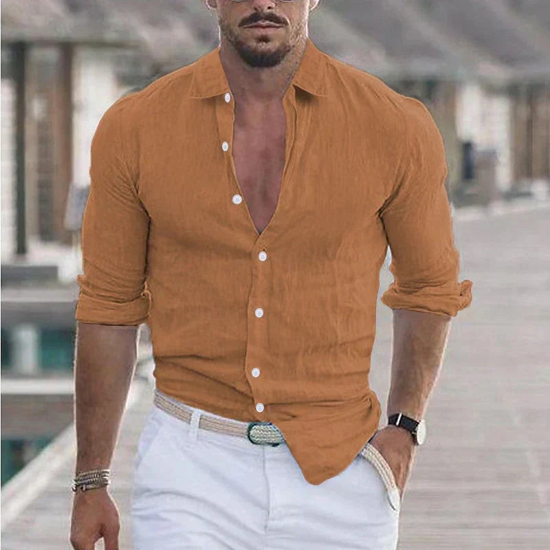 Camisa de lino para hombre con cuello camisero