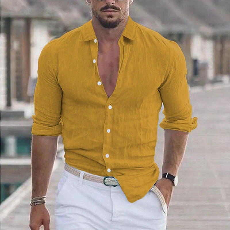 Camisa de lino para hombre con cuello camisero